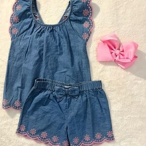 Blue Embroidered Top and Shorts Set with Pink Bow
